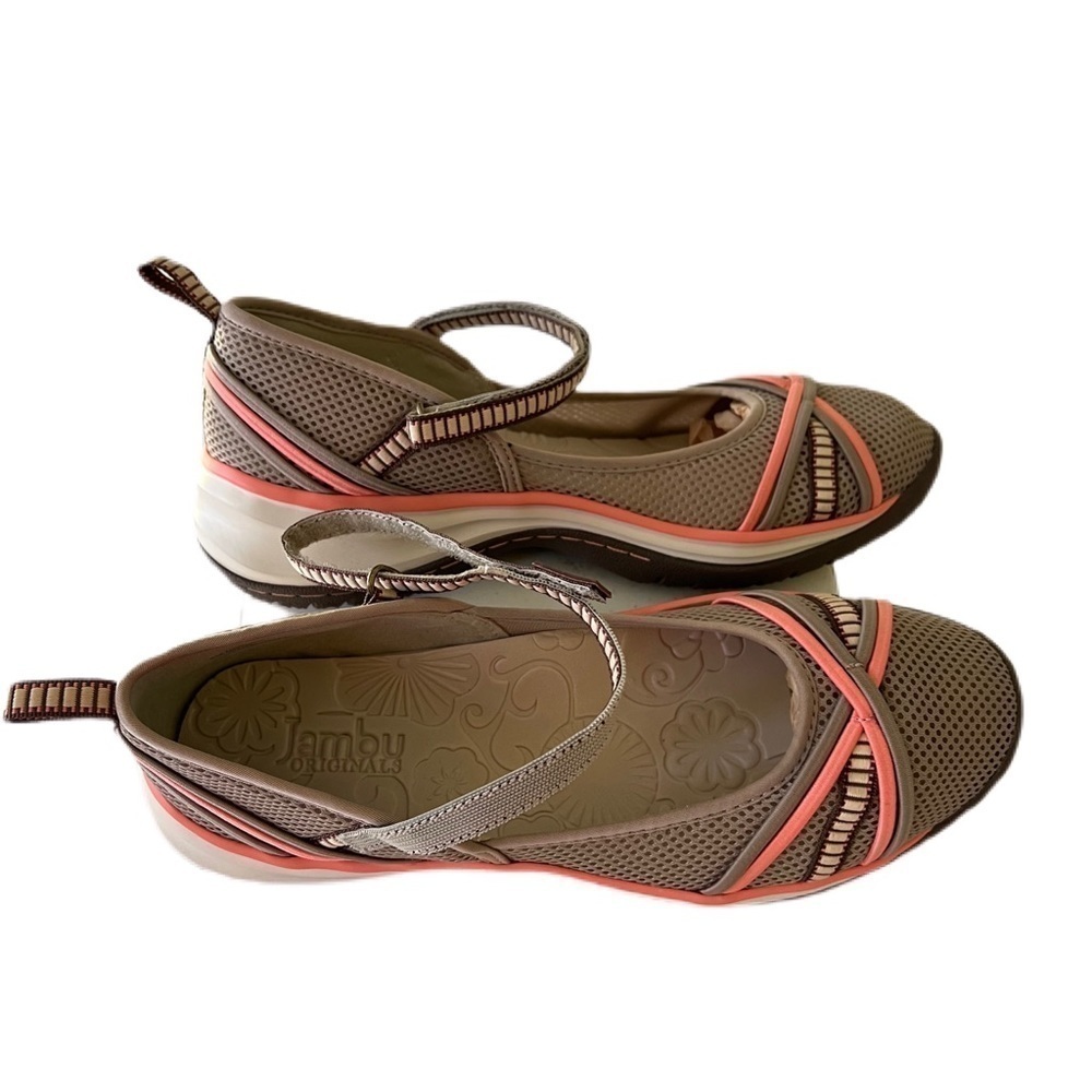 Jambu Women's Adult Mystic Mary Jane Casual Shoes. Light brown with pink trim.